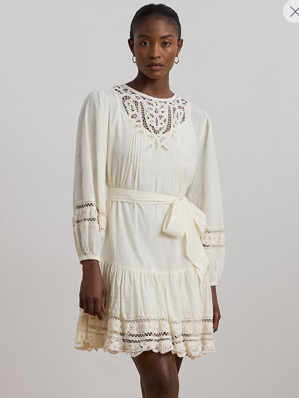Lauren Ralph Lauren Crocheted Trim Belted Cotton Voile Long Sleeve Dress 4 NWT